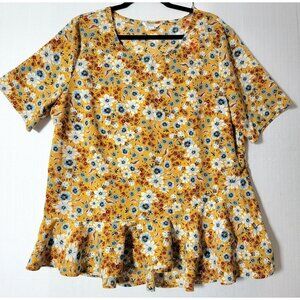Time and Tru Womens Tunic Top Plus Size XL 16/18 Yellow Floral Ruffled Peplum